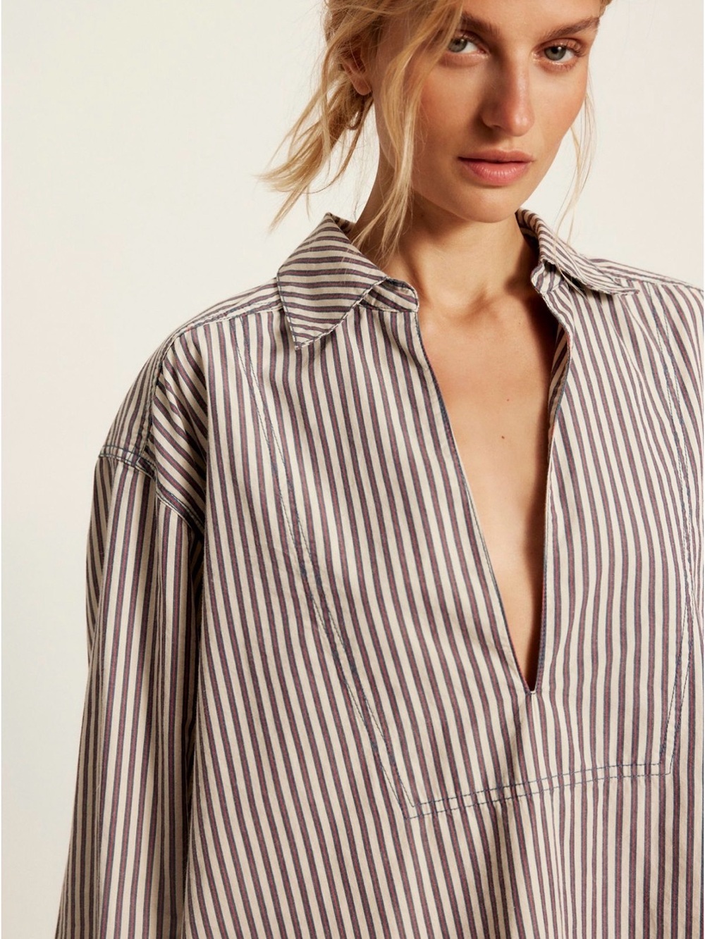 Free People Striped Plunge Collar Blouse in Cream, Navy & Red